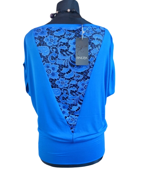 Bluzka z krótkim rękawkiem kimono z koronką na plecach - chabrowa